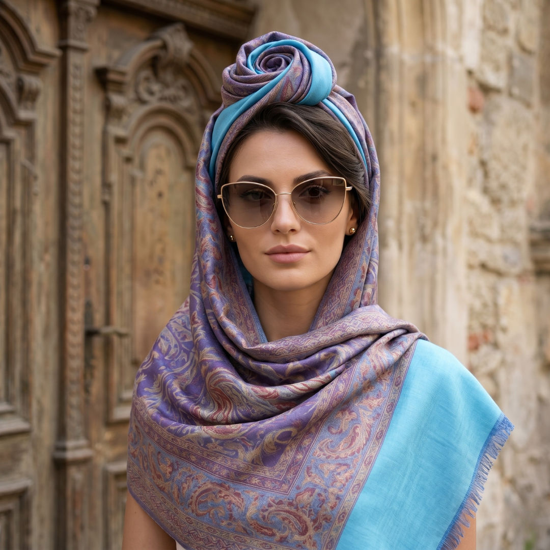 Light Blue Mughal Paisley Modal Scarf